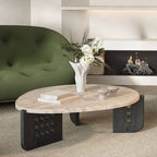 Asymmetrical Travertine Top Coffee Table with Slatted Wood Base