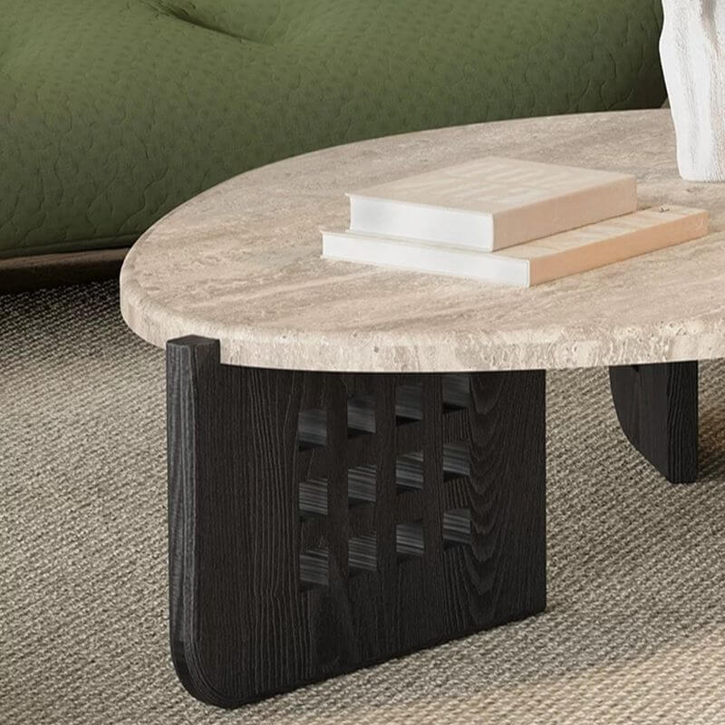 Asymmetrical Travertine Top Coffee Table with Slatted Wood Base