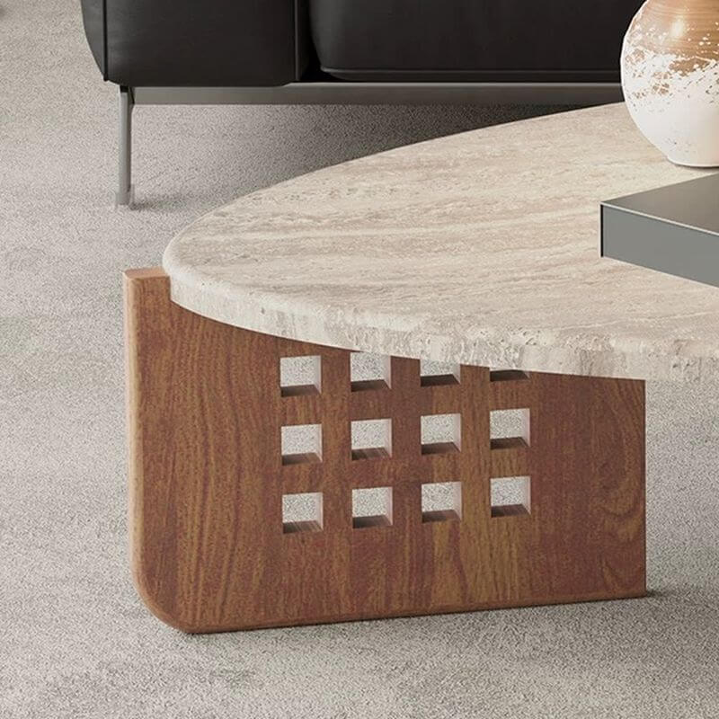 Asymmetrical Travertine Top Coffee Table with Slatted Wood Base