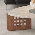 Asymmetrical Travertine Top Coffee Table with Slatted Wood Base