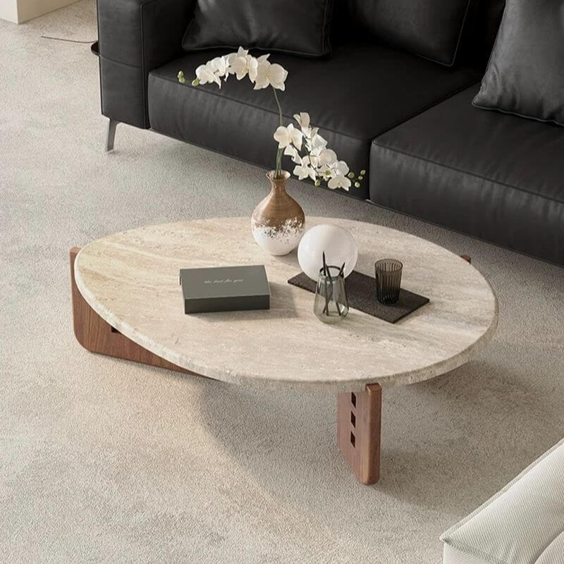 Asymmetrical Travertine Top Coffee Table with Slatted Wood Base