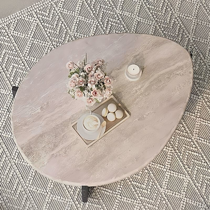 Asymmetrical Travertine Top Coffee Table with Slatted Wood Base Secondary image
