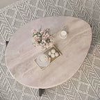 Asymmetrical Travertine Top Coffee Table with Slatted Wood Base