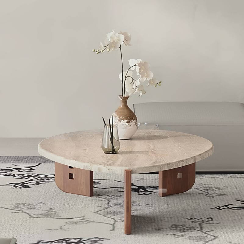 Asymmetrical Travertine Top Coffee Table with Slatted Wood Base Main Product Image