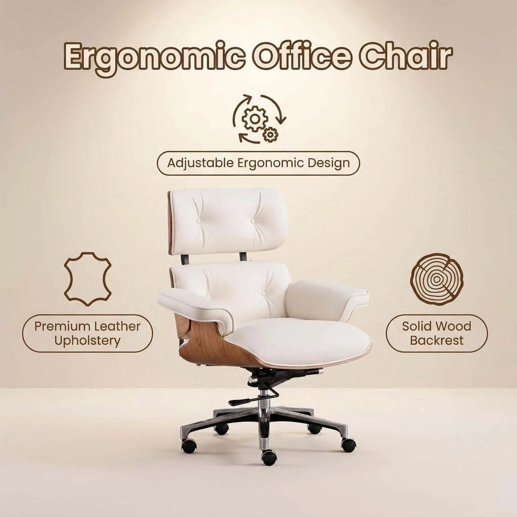 Axis Ergonomic Leather Office Chair with Solid Wood Backrest