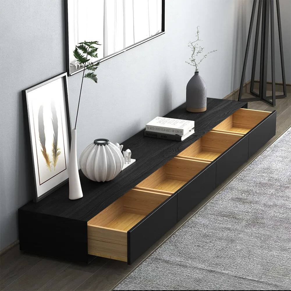 Black rectangular wood TV stand with 4 drawers, fits TVs up to 88 inches