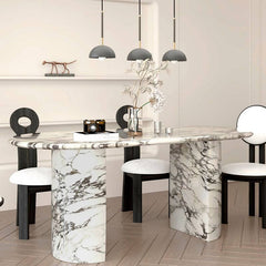 Contemporary Oval Marble Stone Multicolor Dining Table Set Dining Room Sets