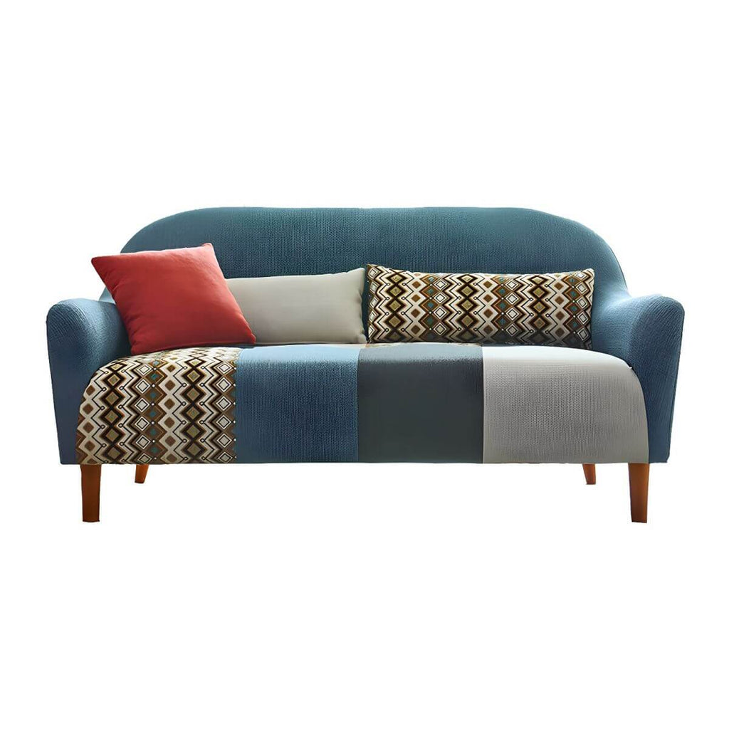 Farmhouse wood sofa with patchwork polyester blend upholstery and foam seat fill