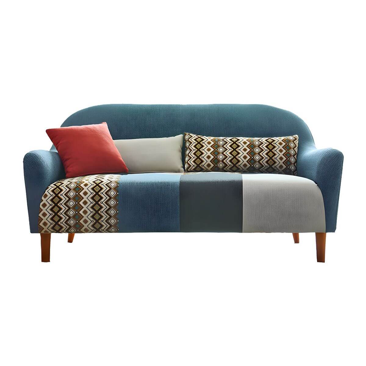 Farmhouse wood sofa with patchwork polyester blend upholstery and foam seat fill