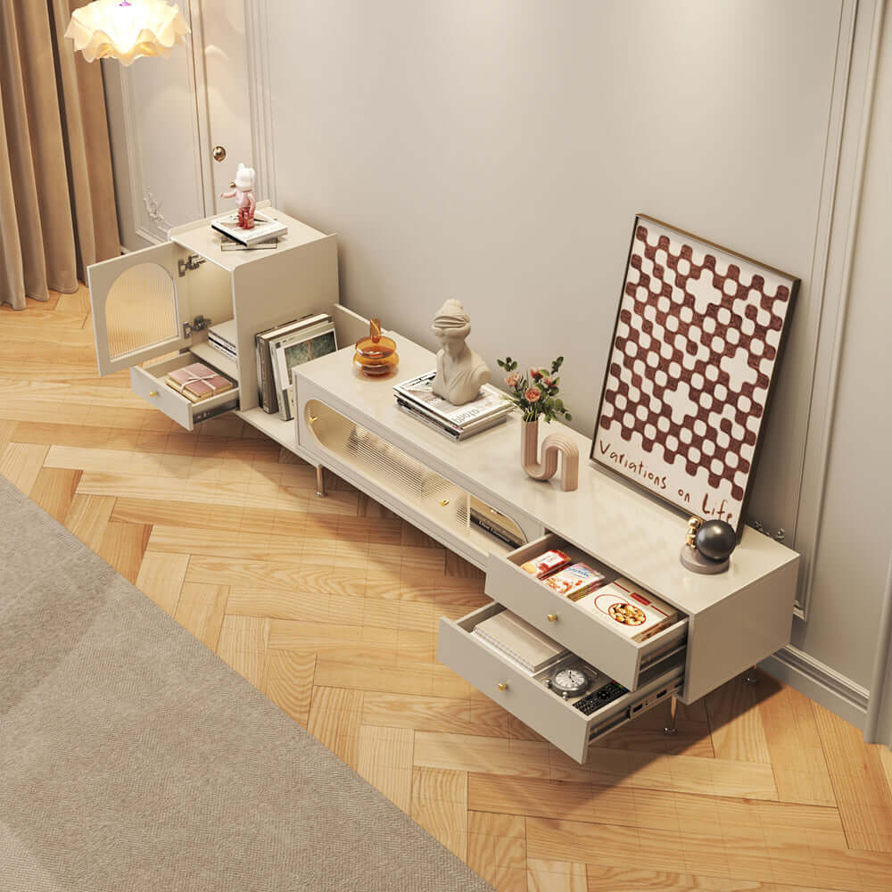 Extendable rectangle TV stand with sliding glass door, bookshelf, and three storage drawers