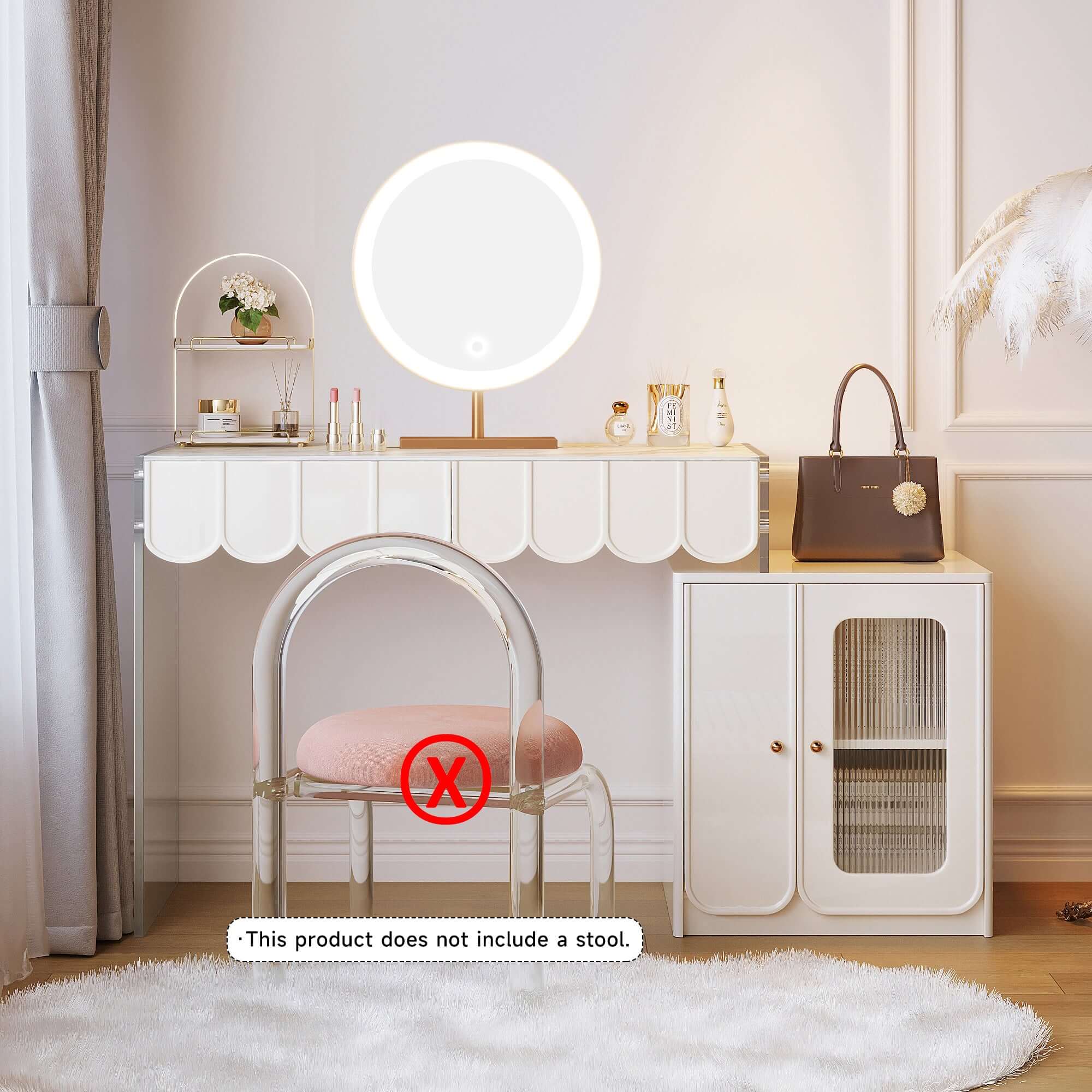 White modern makeup vanity featuring drawers and a side cabinet for organized storage