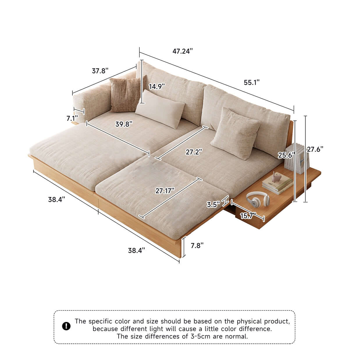 Beige folding sofa bed with solid wood frame and upholstered cotton linen cushions