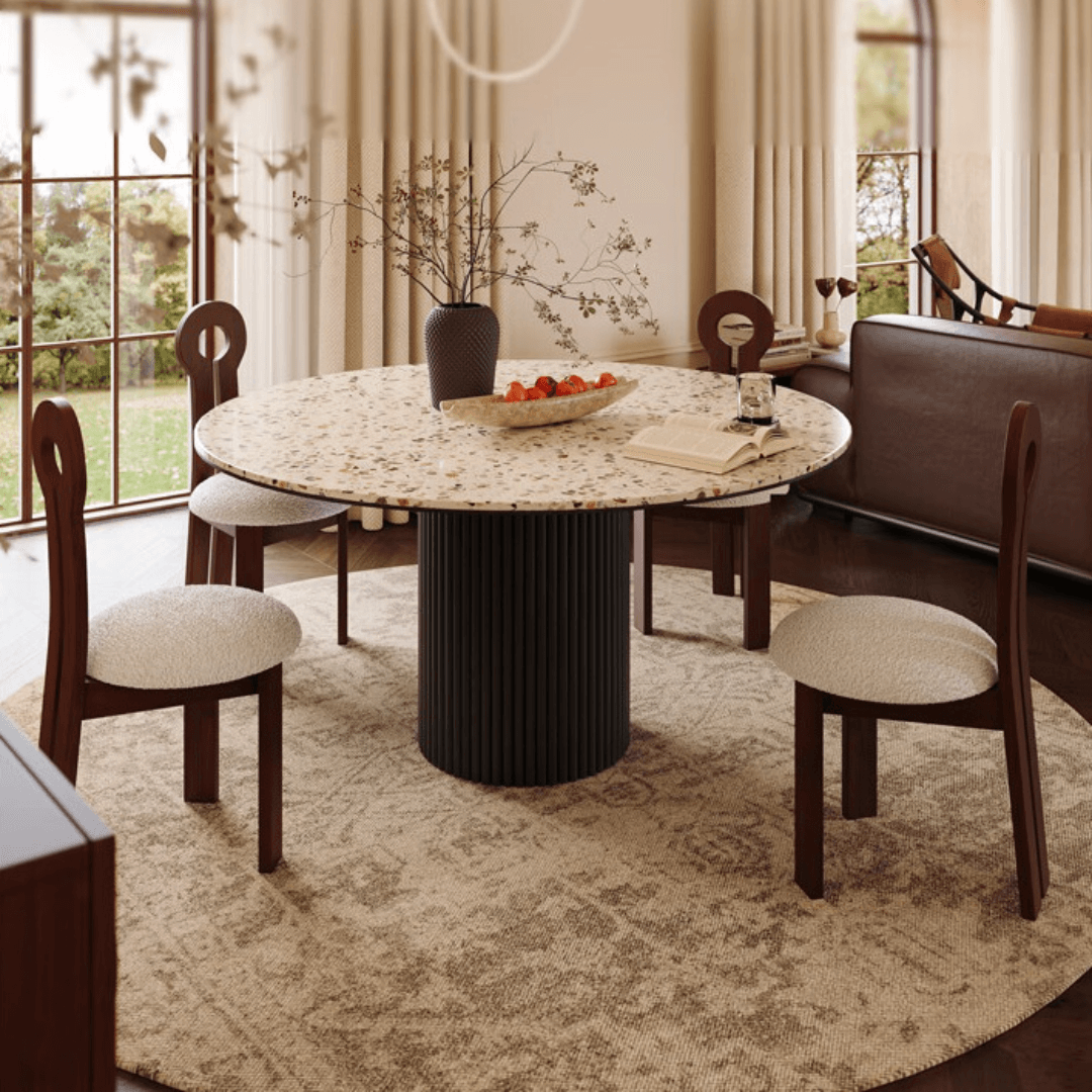 Round terrazzo dining table with durable design, perfect for home gatherings