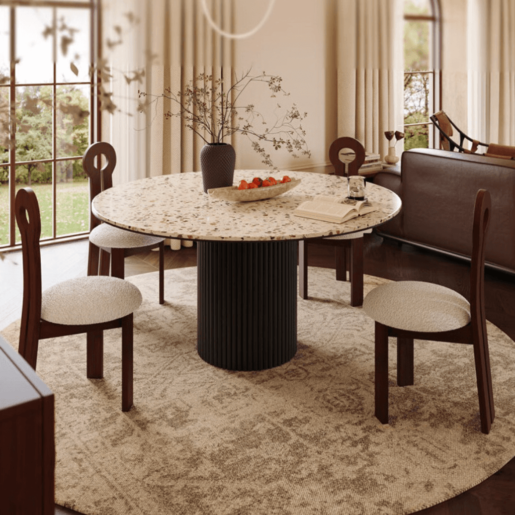 Round terrazzo dining table with durable design, perfect for home gatherings