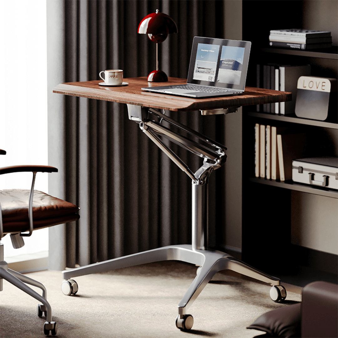 Mobile ergonomic standing desk with premium aluminium alloy frame and warm wood finish main product image