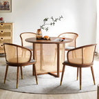 5-piece solid wood dining set with round rattan table and four chairs for dining room
