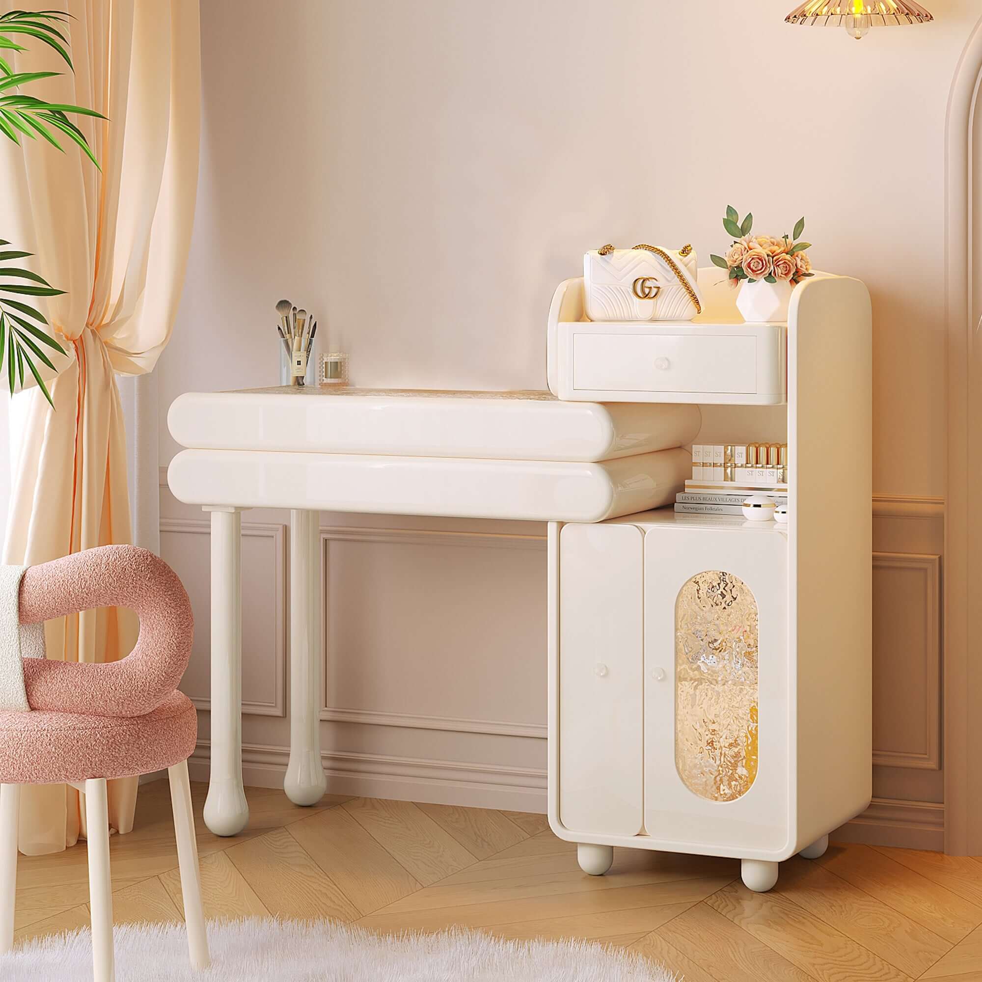 White modern stretchable makeup vanity dressing table with sleek design