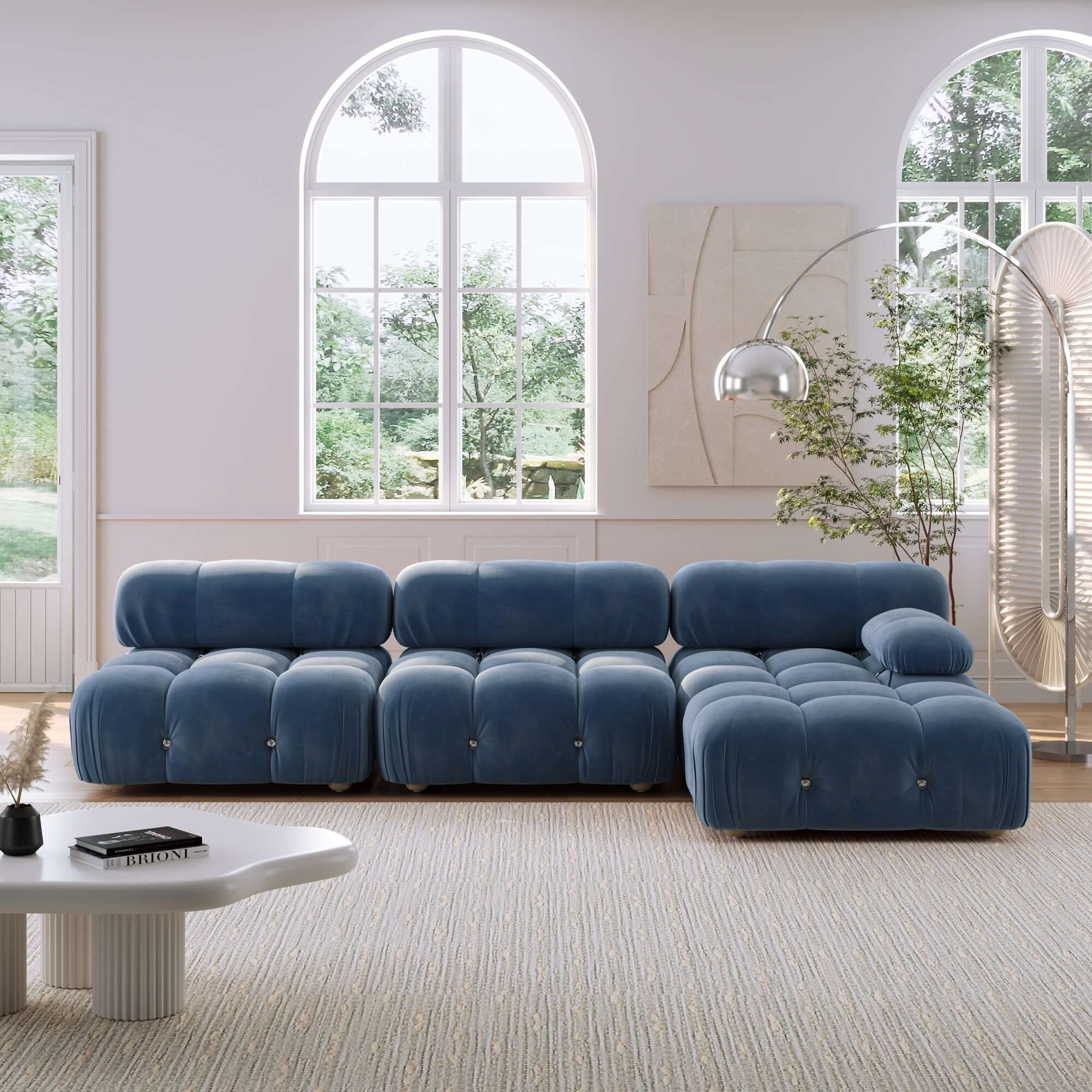 Velvet 3-seater sofa with left or right hand facing chaise, perfect for stylish living rooms