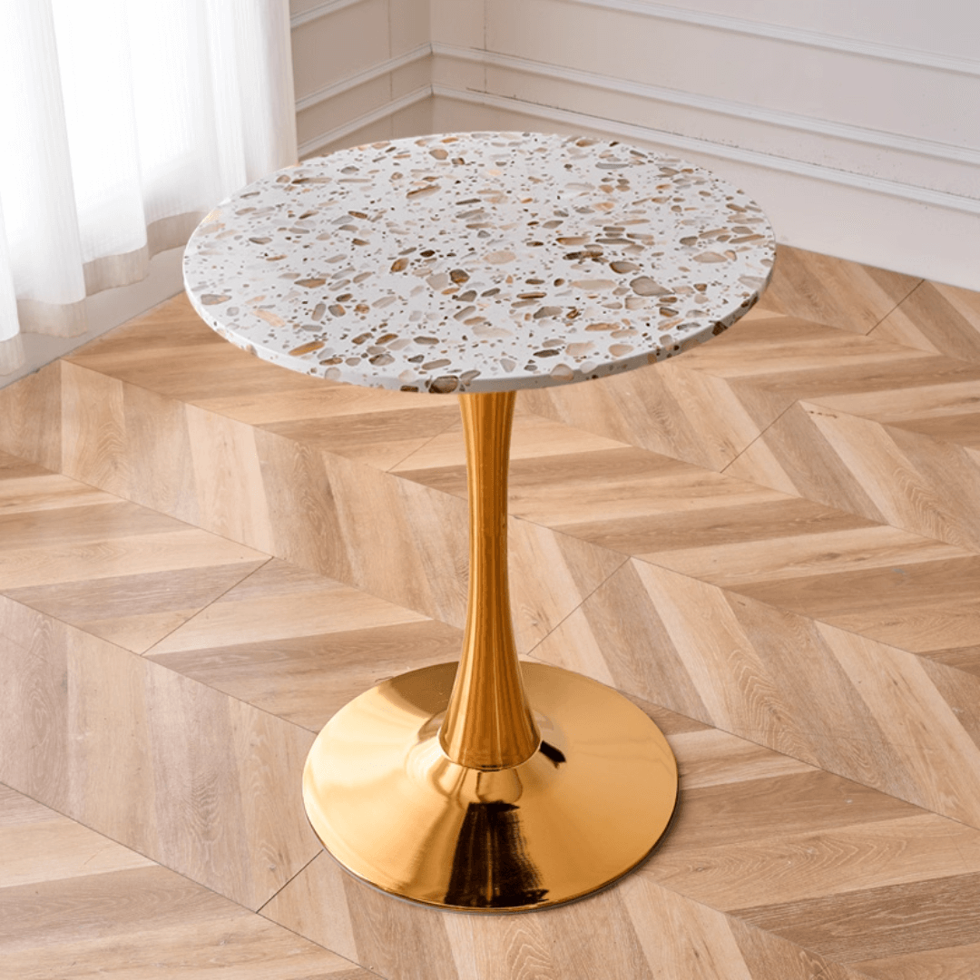 Modern marble table with sturdy metal base, perfect for adding a timeless aesthetic to any space