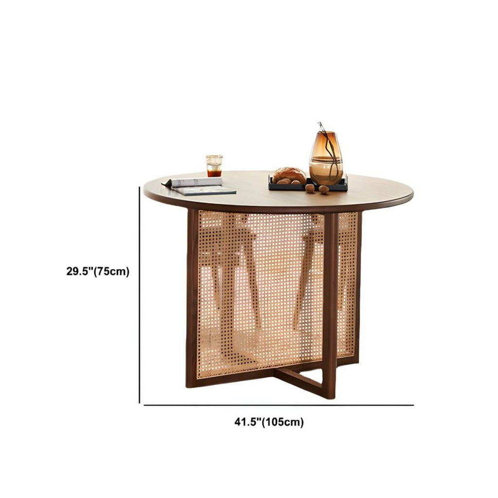 5-piece solid wood dining set with round rattan table and four chairs for dining room