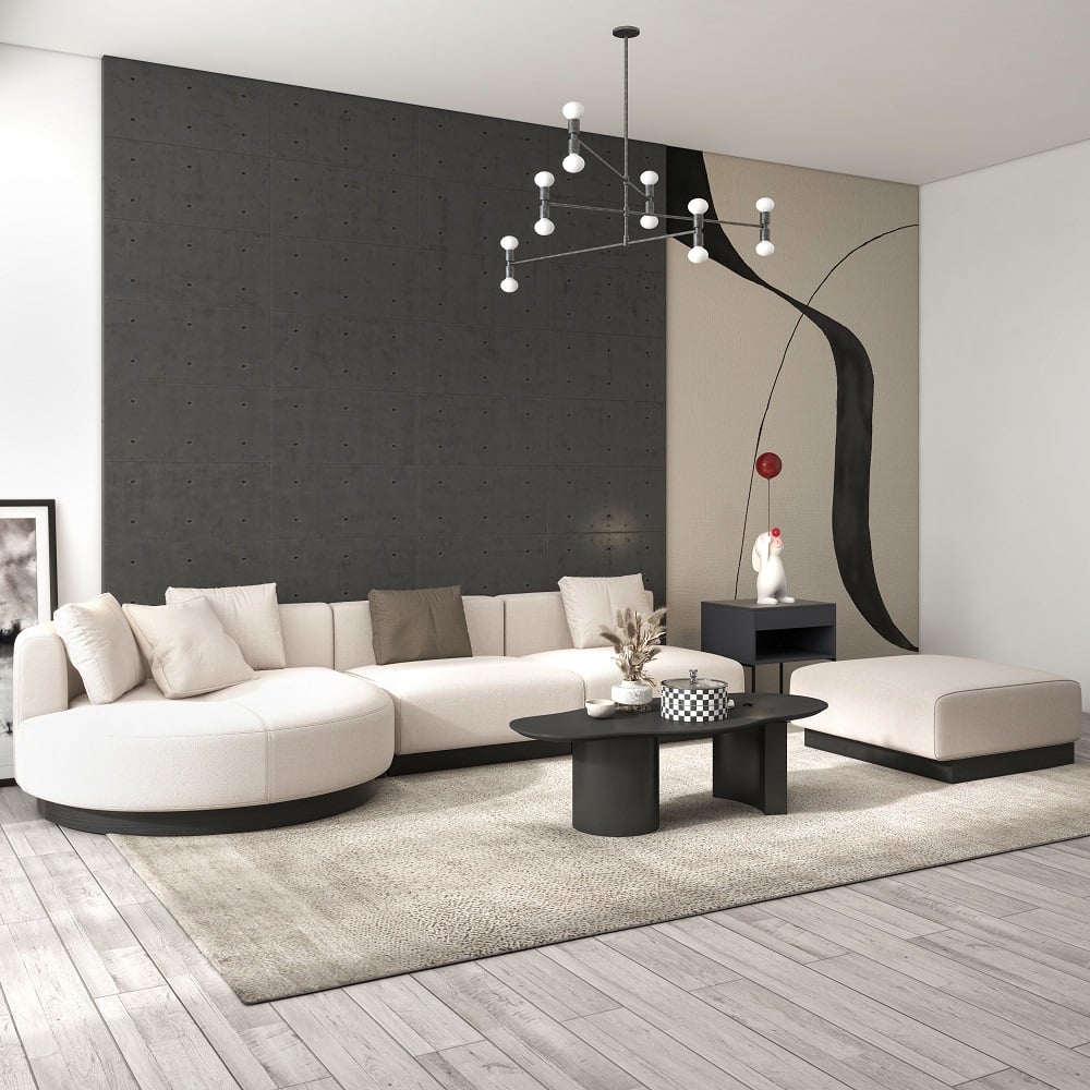 Beige modern L-shaped sectional sofa with pillows and black legs, perfect for corner seating