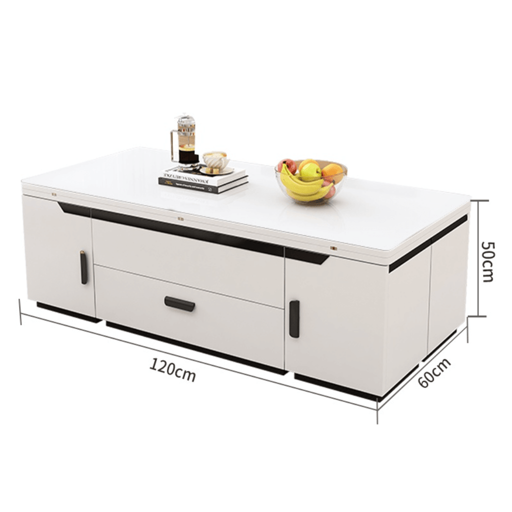 White lift-top coffee table with storage and stools, perfect for compact living spaces