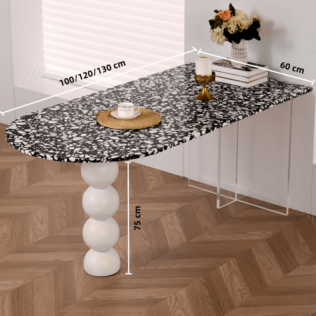 Half-elliptical terrazzo dining table with multicolor mosaic design, durable and stylish
