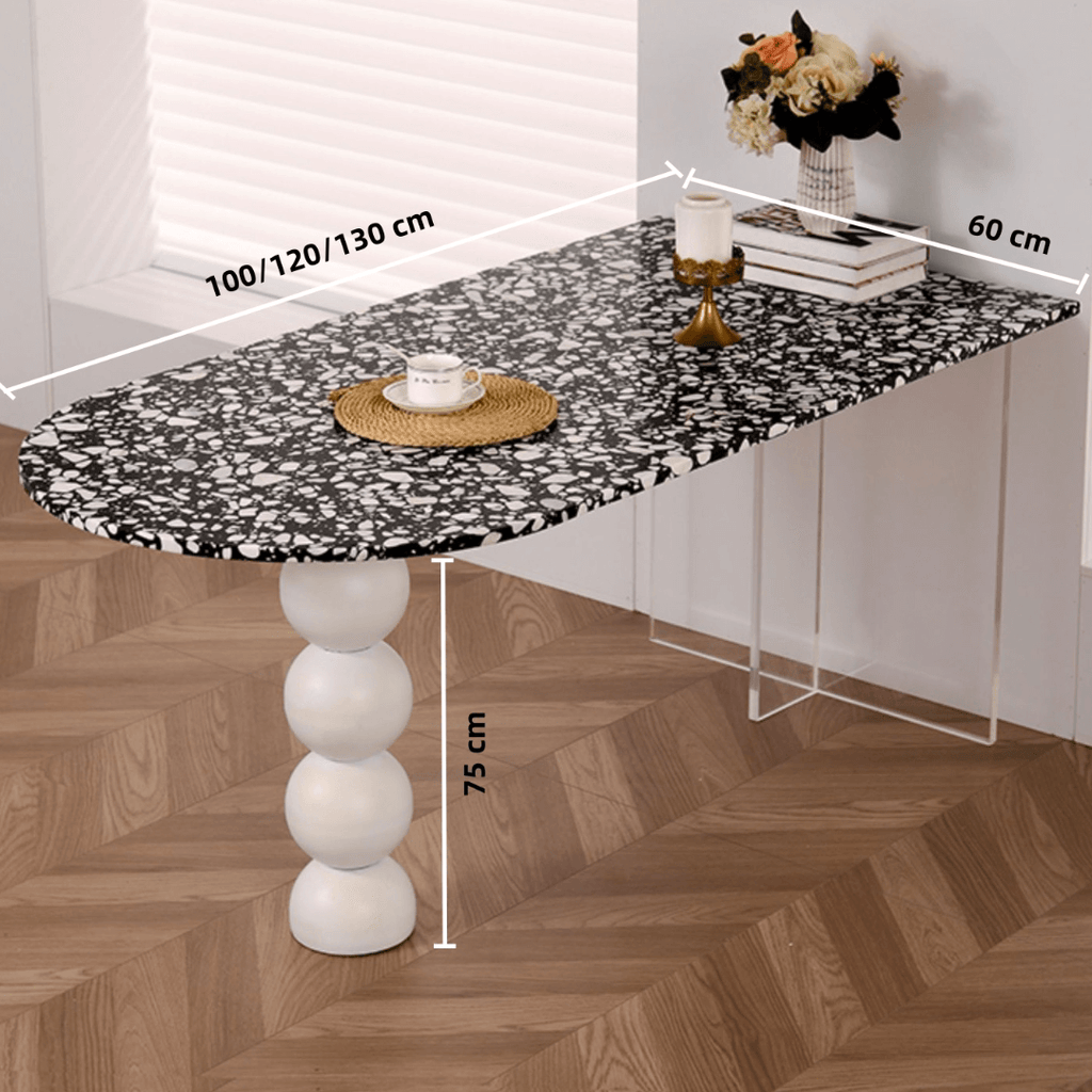 Half-elliptical terrazzo dining table with multicolor mosaic design, durable and stylish
