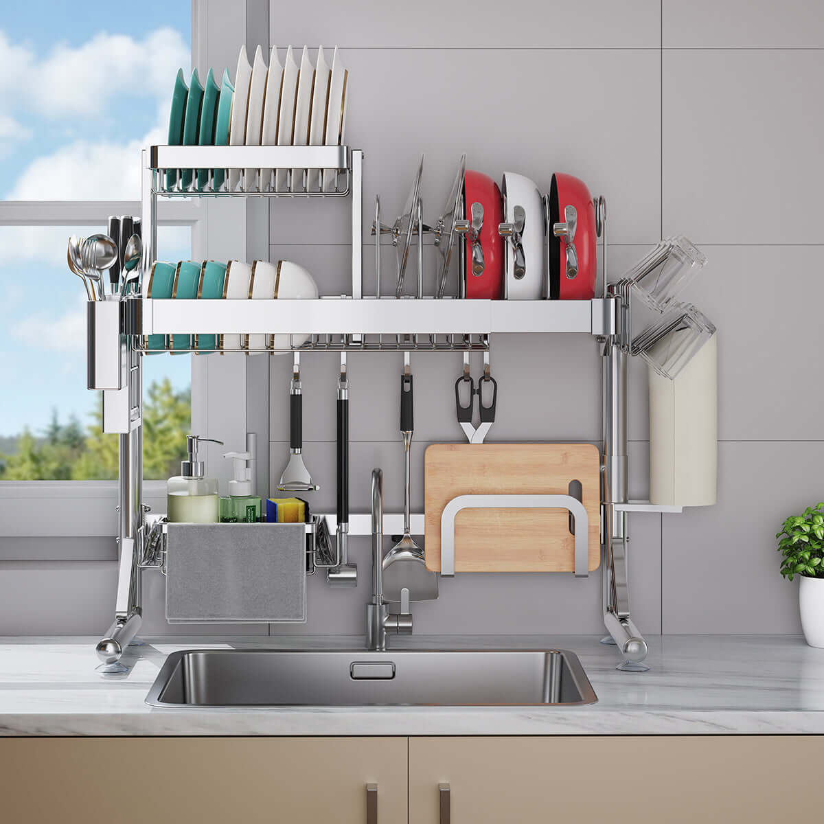 Large over-sink dish drying rack with multi-function organizer shelf for efficient kitchen storage