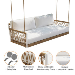 Ropipe Outdoor 2-Seater Swing Sofa in Khaki with Hand Woven Rope & White Cushion