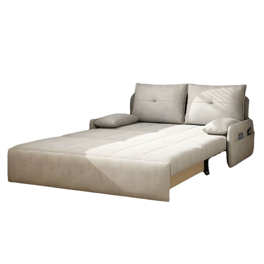 White polyester blend sleeper sofa with metal frame and casters, modern futon for versatile seating