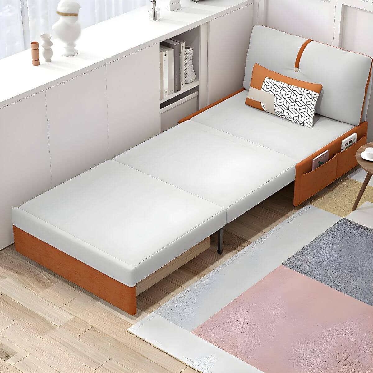 Orange polyester blend sleeper sofa with steel frame and casters, modern futon for versatile seating