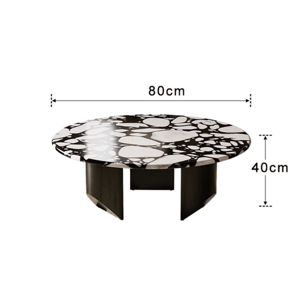 Round terrazzo coffee table set with black and white pattern, perfect for modern living rooms