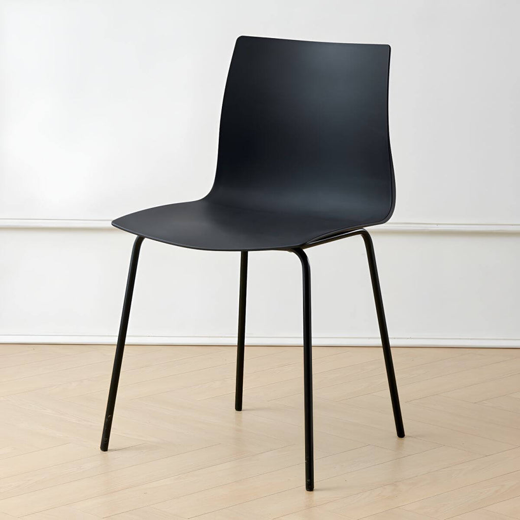 Modern plastic and acrylic side chair with metal legs, ideal for kitchen and dining rooms
