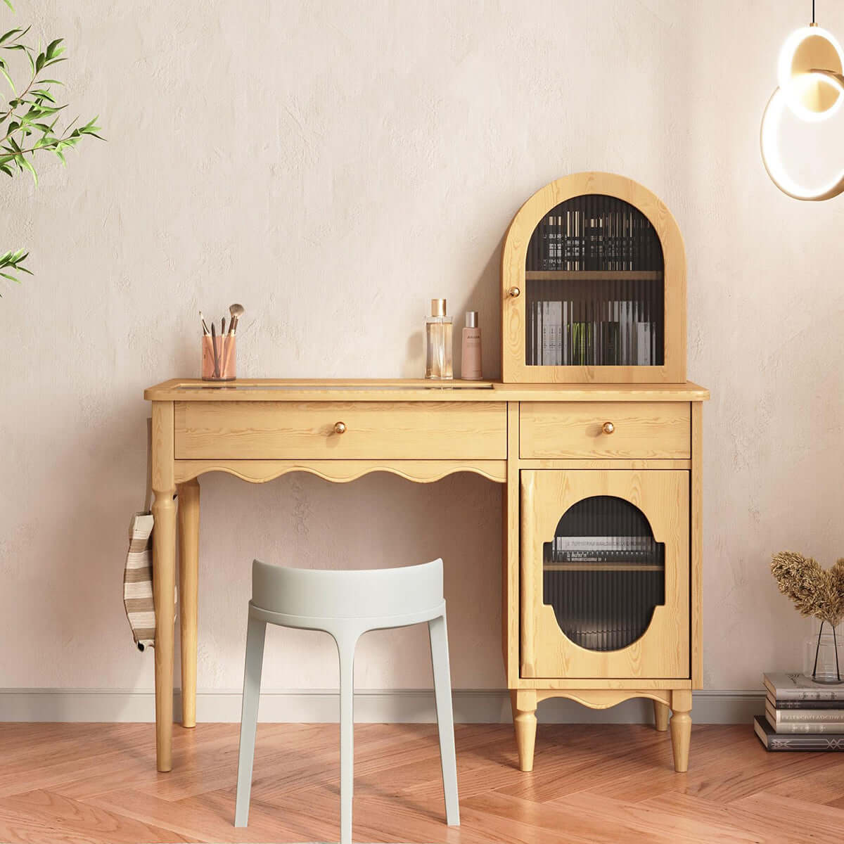 Wooden makeup vanity set featuring jewelry storage and a side cabinet for organization