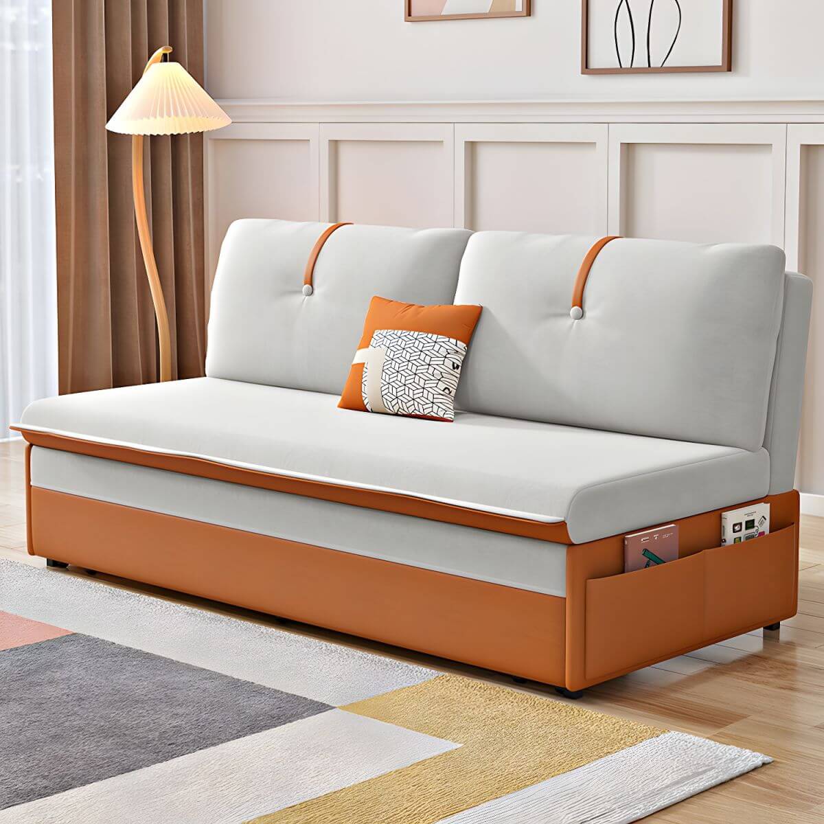 Orange polyester blend sleeper sofa with steel frame and casters, modern futon for versatile seating main product image メイン画像