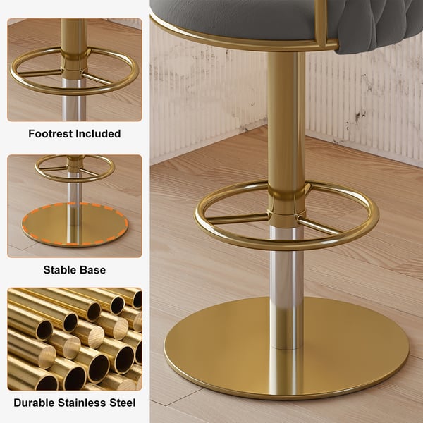 Set of 2 gray swivel bar stools with velvet curved back and adjustable height