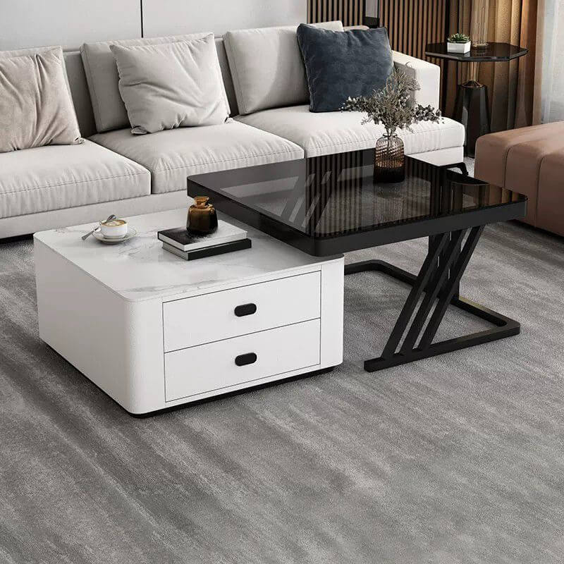 Modern square steel frame nesting coffee tables set with two pieces, including a small table