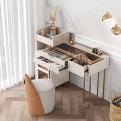 White Makeup Vanity Glass Tabletop Dressing Table with Open Storage Compartment & Drawers & Cabinet