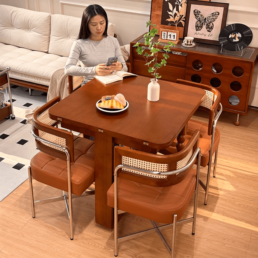 Scandinavian-inspired folding dining table with ample storage for stylish, space-saving home decor