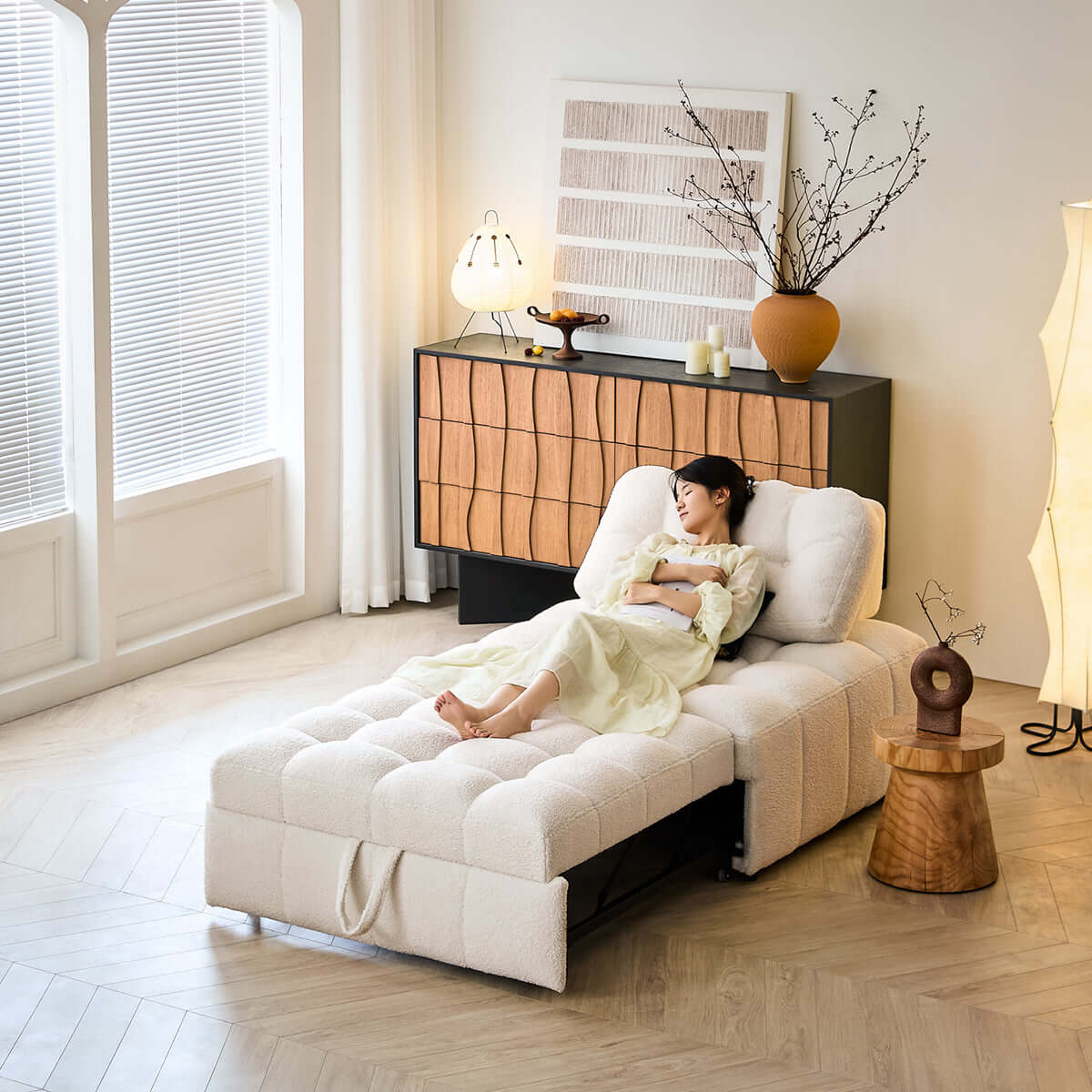 Cocochairs Teddy Fleece Lounge Sofa Bed – Cream White Pull-Out Sleeper for Small Spaces