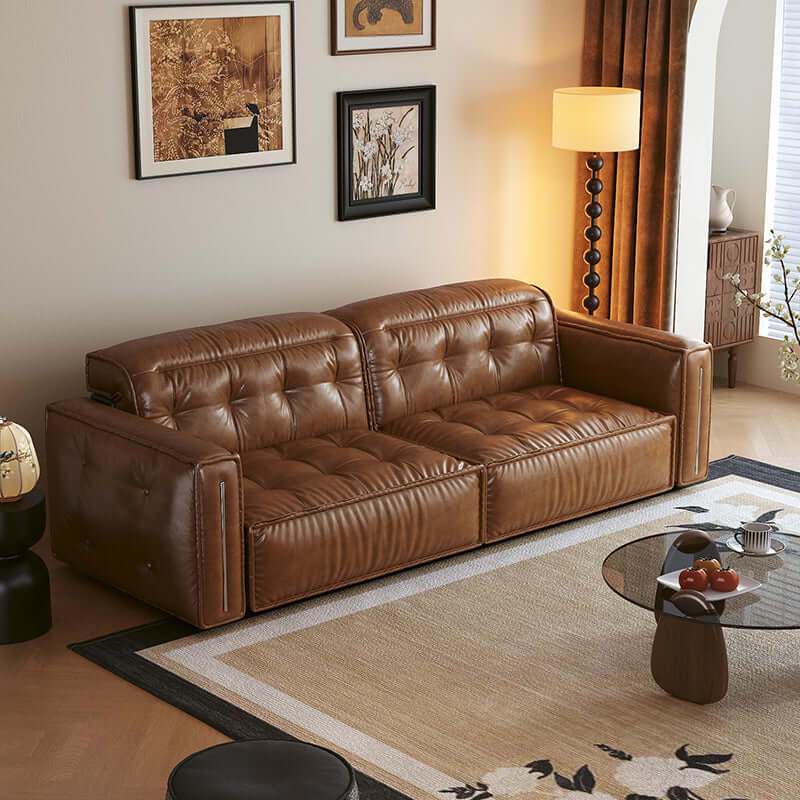 Retro leather pull out couch bed with electric smart remote, convertible for space-saving comfort