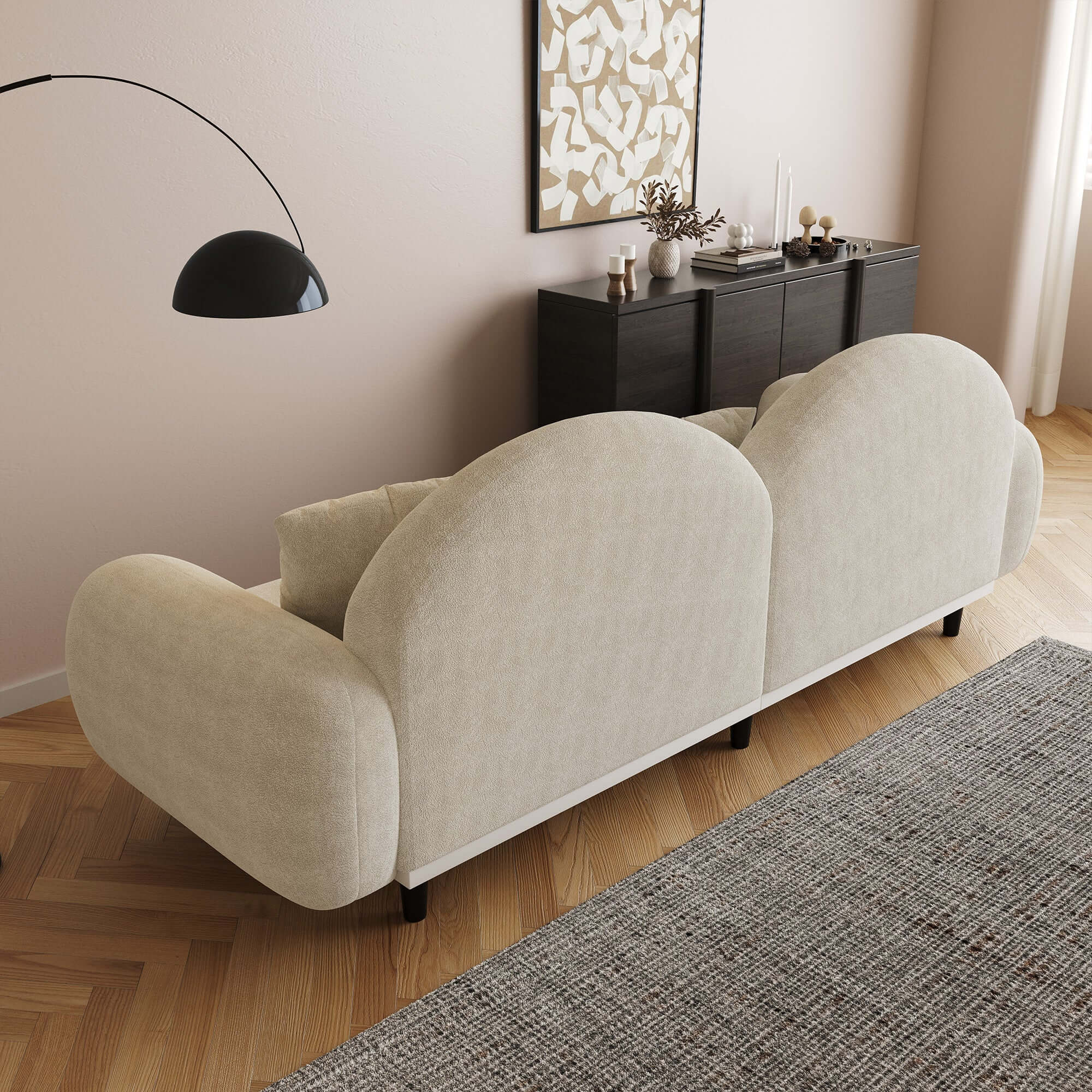 Modern 84-inch upholstered sofa with cozy Sherpa fabric, perfect for stylish living rooms