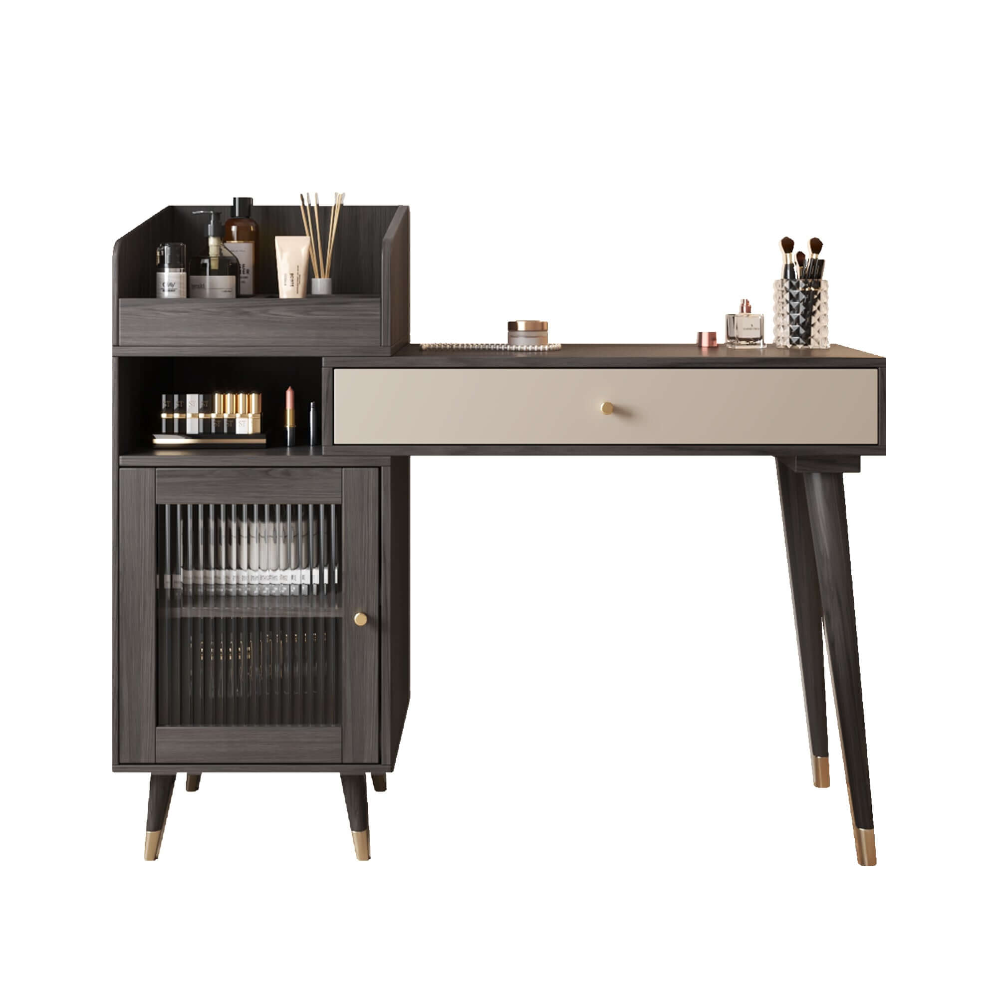 Coffee brown wooden vanity table with side cabinets, open storage, and drawers for bedroom organization