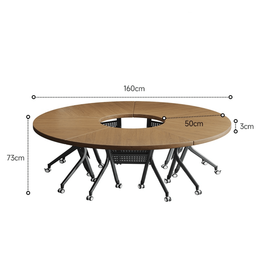 Foldable conference table with modern curve design and comfortable mesh chairs for meetings