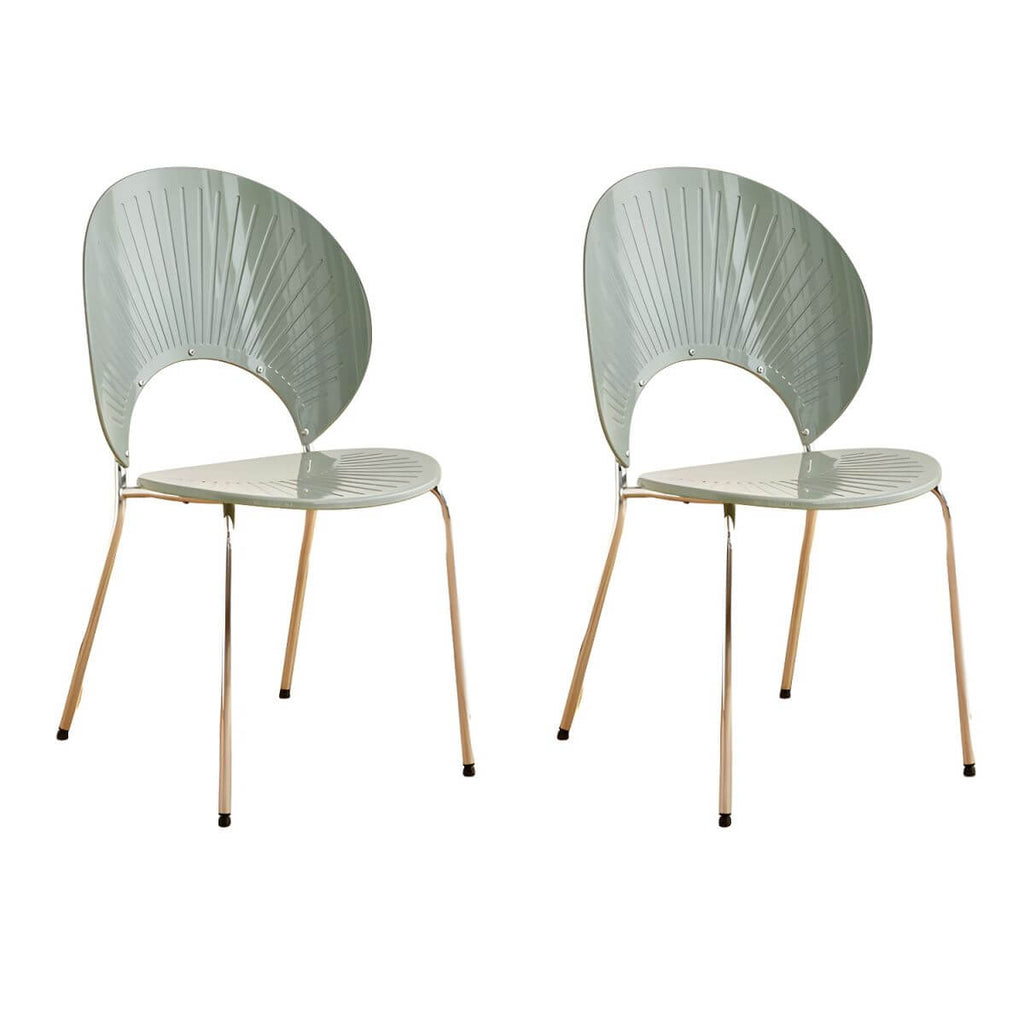 Stackable Scandinavian style dining chair with plastic seat, acrylic back, and silver legs