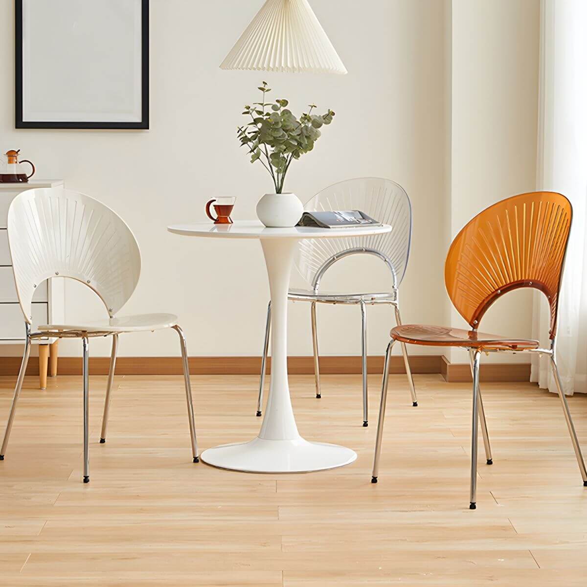 Scandinavian style stackable armless side chair made of plastic and acrylic for dining