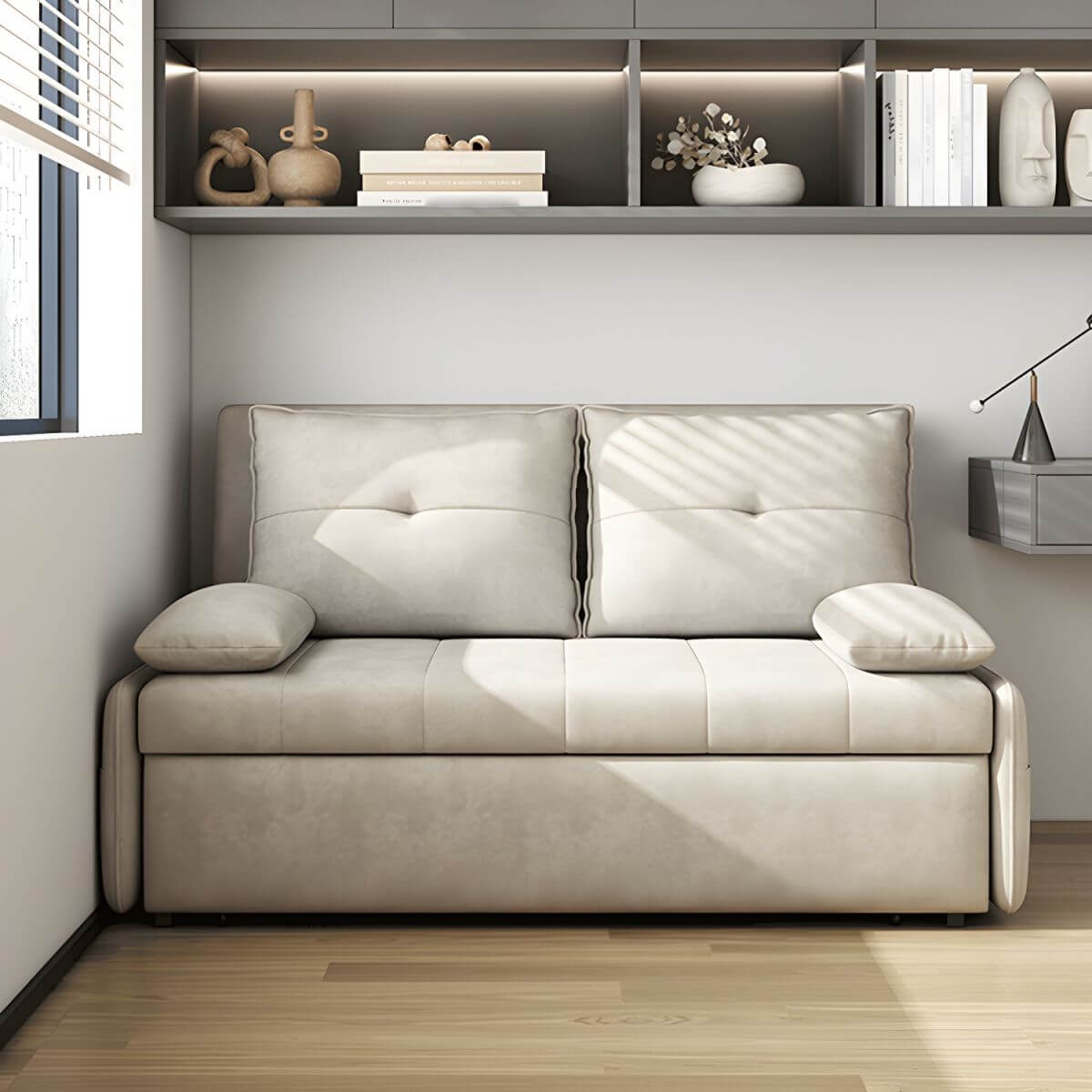 White polyester blend sleeper sofa with metal frame and casters, modern futon for versatile seating main product image