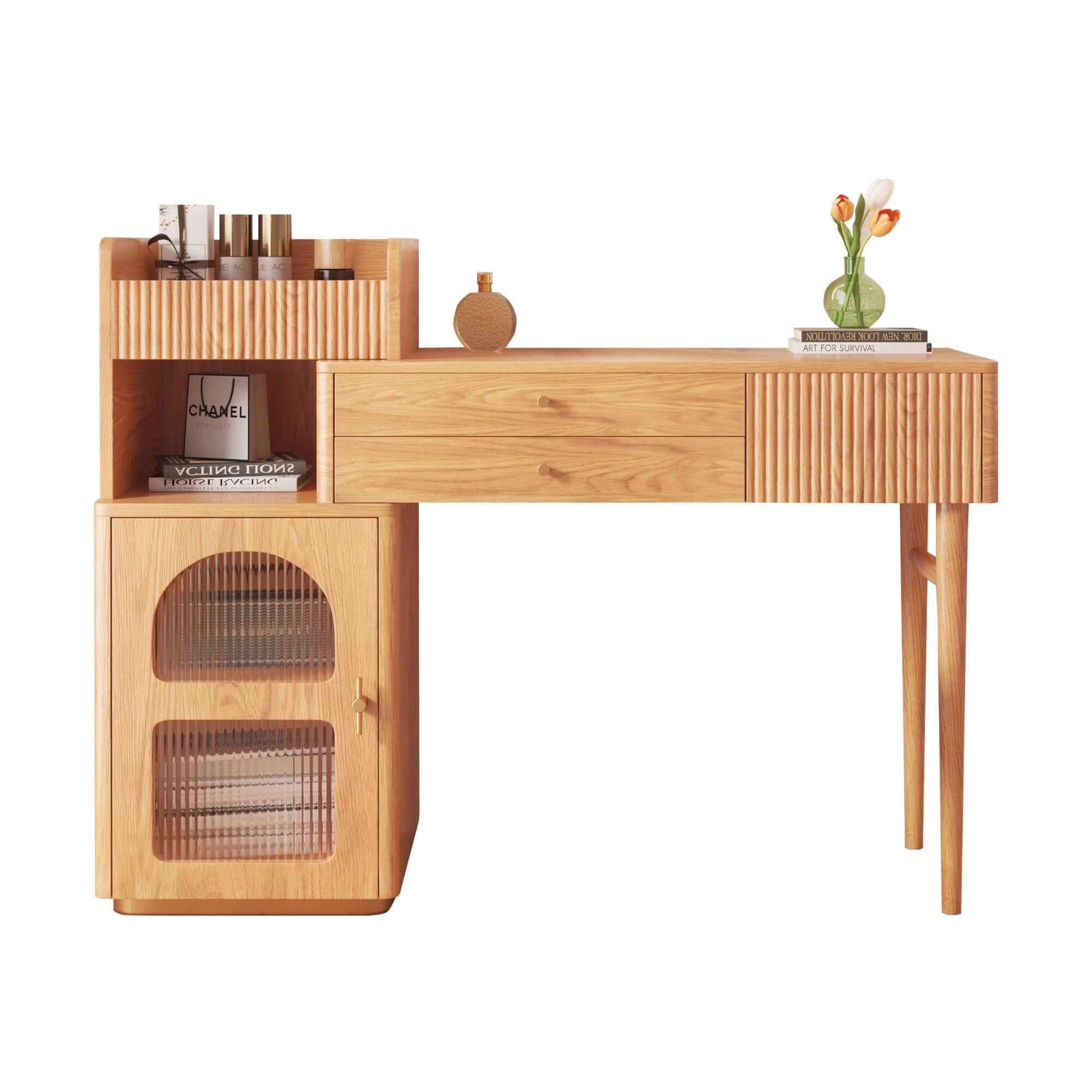 Elegant wooden dressing table featuring a bright LED mirror for stylish makeup and grooming