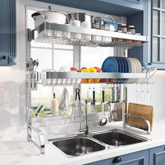 Over Sink Dish Drainer Drying Rack 3-Tier 304 Stainless Steel Large Dish Racks Sliver 25.5"-35.5"